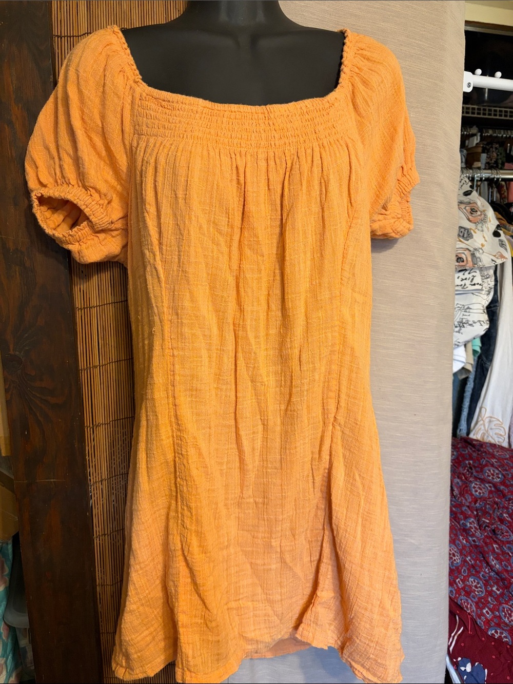 O'Neill Orange Smocked Square Neck Puff Sleeve Midi Dress